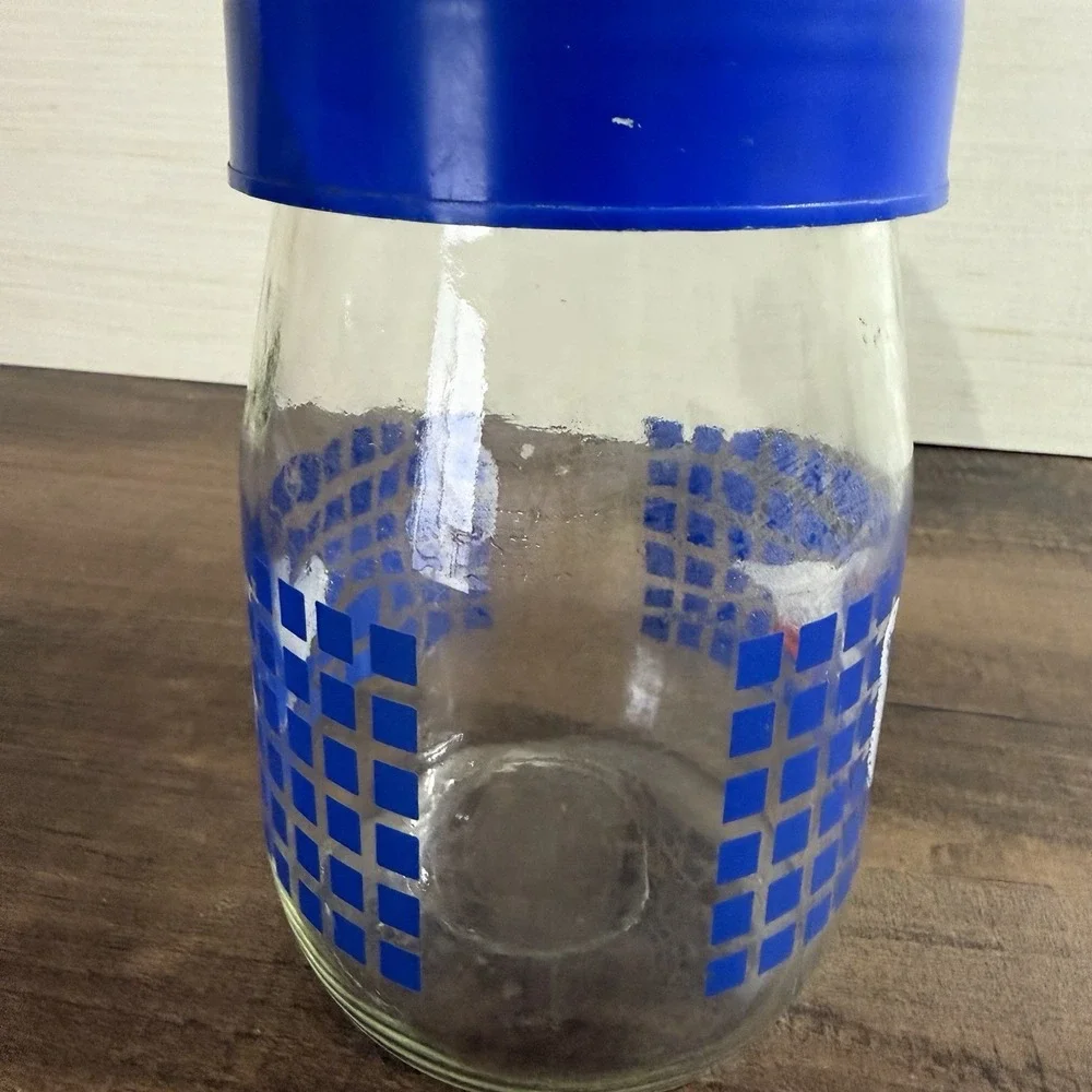 Vintage CARLTON GLASS USA 1 Liter Blue Checked Geese Ducks Canister 1982
